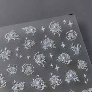 5D stereoscopic nail stickers with white roses, butterflies and magic pearls