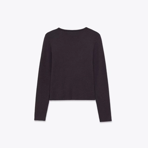 Detail view of the back of a charcoal gray long-sleeved knit top with seamless stitching