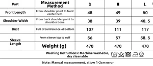 Size chart for washed quilted jacket showing length, shoulder, bust, and sleeve measurements