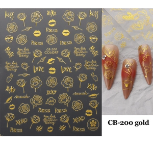 Detail of CB-200 gold 3D nail stickers featuring rose flowers and heart patterns