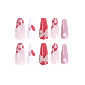 Press-on nails featuring red checkerboard patterns and 3D bow charms for women
