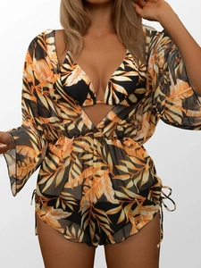 Three-piece bikini set with long sleeve mesh cover-up and yellow palm leaf print patterns
