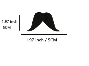 Detailed dimension guide for black fake mustache showing the 1.97 inch square size