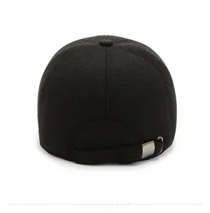 Rear view of black baseball cap for men featuring adjustable silver metal buckle strap