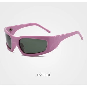 Detailed 45-degree side view of pink Y2K cyberpunk sports sunglasses with green lenses