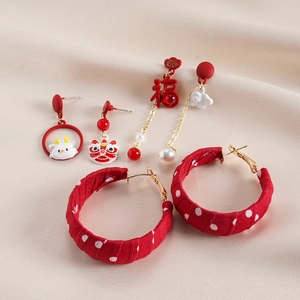 Three pairs of New Chinese style festive red earrings with lion, pearls and福 charms