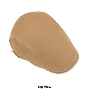 Top view of a khaki cotton newsboy cap showing detailed twill fabric and neat stitching