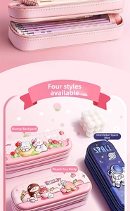 Detail view of large capacity 3D pencil case with multi-layer zippers and cartoon designs