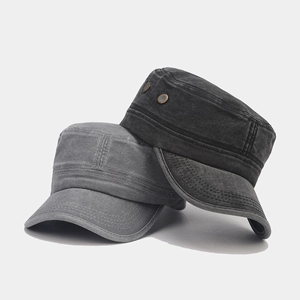 Vintage washed cotton military flat top caps in black and grey for outdoor adventures