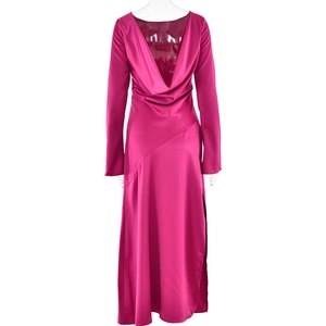 Detail of rose red satin long sleeve dress with draped cowl back and side slit