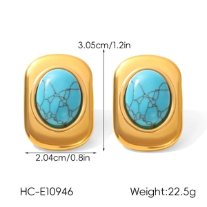 Detailed view of gold geometric earrings with turquoise stone and dimension specs