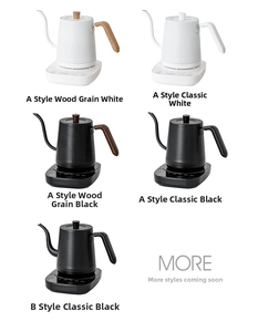 Detail of gooseneck electric kettle variations with wood grain handles and touch bases