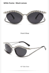 Front and 45-degree side views of white cat eye sunglasses with rhinestones and cutout frame