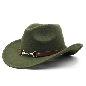 Detail of dark green western wool fedora with brown leather band and gold horse-bit buckle