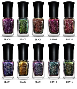 Set of 10 shimmering chameleon nail lacquer bottles from BBA06 to BBA15 on white background