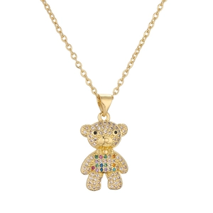 Detailed view of a gold-plated 3D bear pendant necklace with sparkling crystal pave