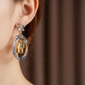 Silver needle gold elephant pendant earrings with hollow round hoop and floral design
