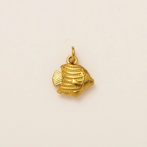 Macro shot of 18K gold plated fish charm showing detailed scales and metallic texture