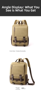 Detail view of khaki canvas backpack featuring metal buckles and side mesh pockets