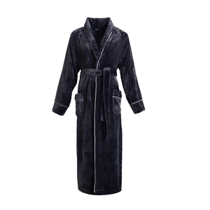 Thick flannel bathrobe with shawl collar and white contrast piping detail in navy blue