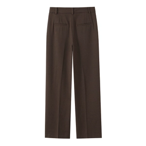 Detail view of the back of high-waist dark brown wide-leg trousers with welt pockets
