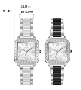 Detail of square watches with crystal bezel, Roman numerals and steel ceramic bracelets