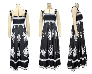 Three-view detail of smocked bodice dress with black and white ethnic floral patterns