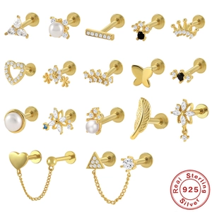 Cartilage Piercing Studs 925 Sterling Silver 18K Gold Plated Zirconia Artificial Pearl Flat Back Labret Helix Tragus Jewelry Women