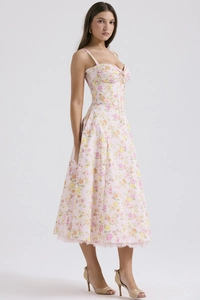 Detail of French floral midi dress with sweetheart neckline and drawstring ruching