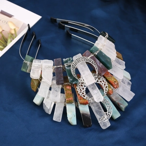 Handmade crown headband with natural raw crystals and silver moon pendants on silk