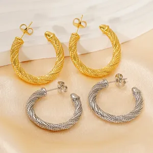 Twisted Rope Hoop Earrings 18K Gold Plated Stainless Steel Textured C Shaped Retro Style Fashion Jewelry For Women