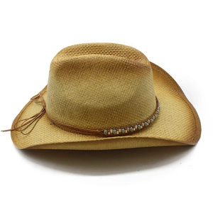 Classic straw cowboy hat with vintage burnt edges and beaded brown leather cord