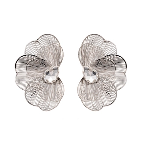 Silver metallic flower petal earrings with a sparkling central crystal drop stone