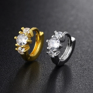 Elegant geometric gold and silver stud earrings with three round zircon stones