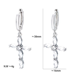 Silver cross earrings with marquise white zircon stones, 38mm height and 16mm width