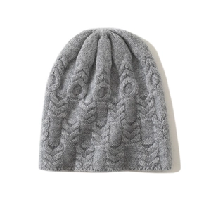 Winter cable knit beanie in gray cashmere blend with classic textured patterns