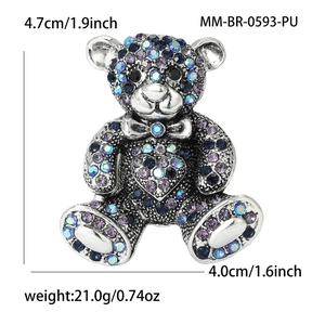 Silver bear brooch with purple and blue rhinestones for suits, 1.9-inch fashion pin