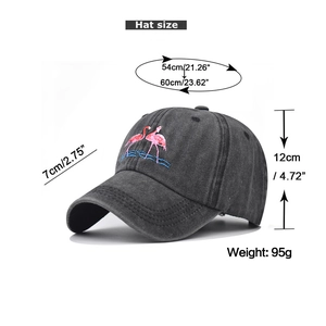 Detail showing embroidered pink flamingos on a dark grey washed cotton baseball cap