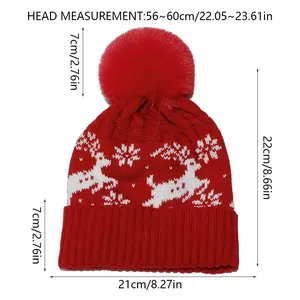 Detailed size chart for Christmas reindeer knit beanie with pom-pom and dimensions