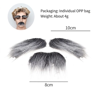 Detailed view of artificial black beard and eyebrow set with size and weight measurements