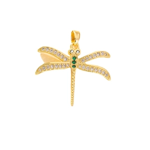 Elegant gold dragonfly pendant with sparkling clear and green cubic zirconia stones