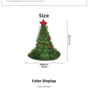 Detailed view of a 37x34cm green fringe Christmas tree hat with red stars and pom-poms
