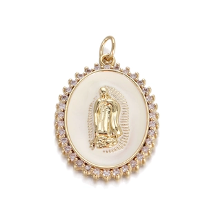 Gold plated Virgin Mary pendant with white shell and micro-pave zircons for necklaces