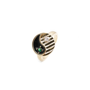Golden Yin Yang heart ring with black white enamel and green sparkling zircon stone