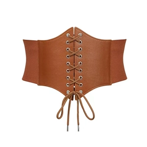 Classic brown faux leather waist corset with front lacing and elastic back band