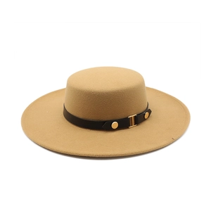 Classic camel wool boater hat with a black leather band and gold buckle accents