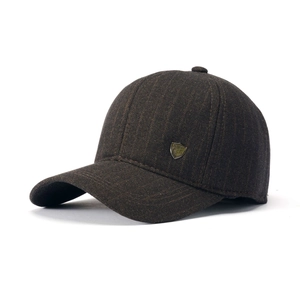 Winter men's thermal dark brown striped baseball cap with ear protection and plush lining