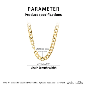 Detail view of a 9mm gold-plated stainless steel Cuban link necklace with product dimensions