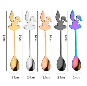 Detailed dimensions of five 14cm bunny-shaped stainless steel coffee spoons in various colors