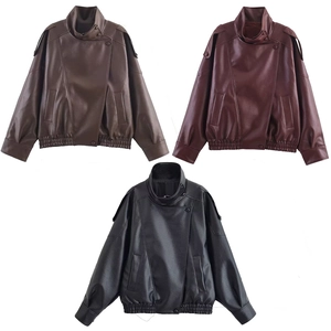 Veste En Similicuir Pour Femmes Rétro Col Montant Fermeture Éclair Bomber Moto Avec Ourlet Élastique Poches Décontracté